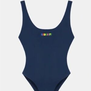 Onia x Madhappy Rachel one-piece swimsuit in navy with a rainbow logo.